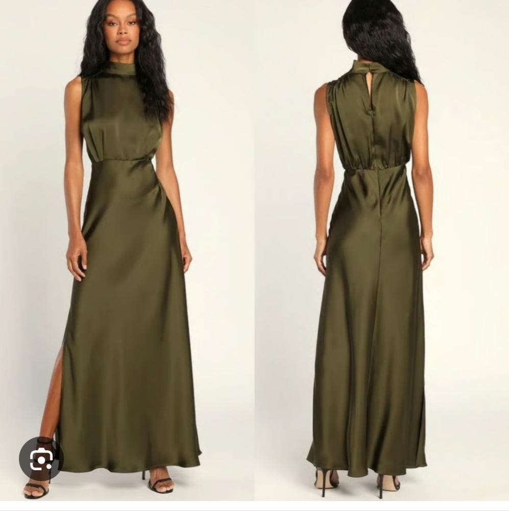 Lulus Classic Elegance Olive Satin Mock Neck dress Size Small